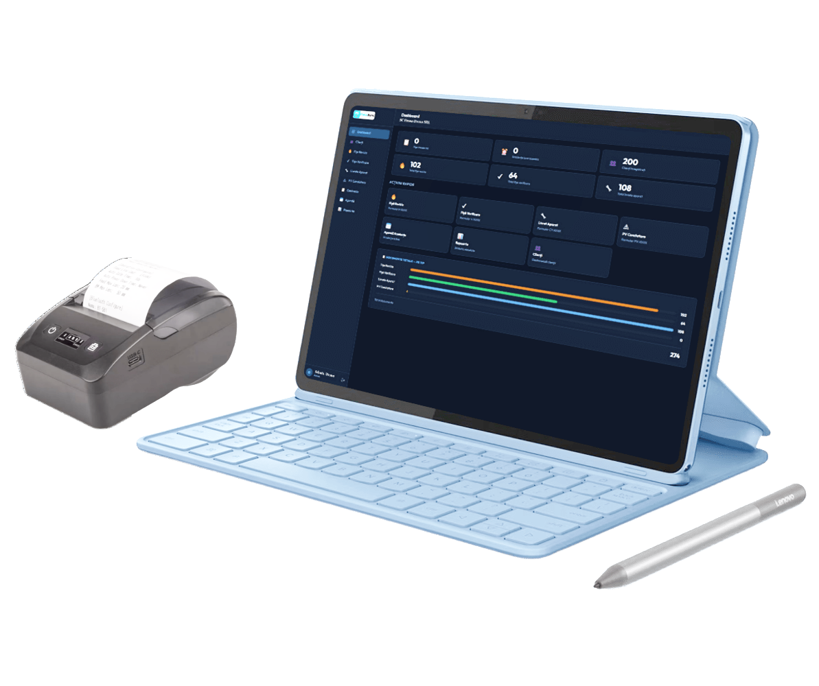 FieldSync rulând pe o tabletă Lenovo, alături de imprimanta termică și stylus